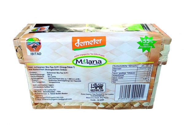 500 g MILANA Ceylon Demeter ORGANIC Loose BLACK TEA OP1 Orange Pekoe 1 packed into handwoven baskets - with 55 percent benefits support - The Tea, ... that tastes like Love. Fairly and sustainably manufactured.